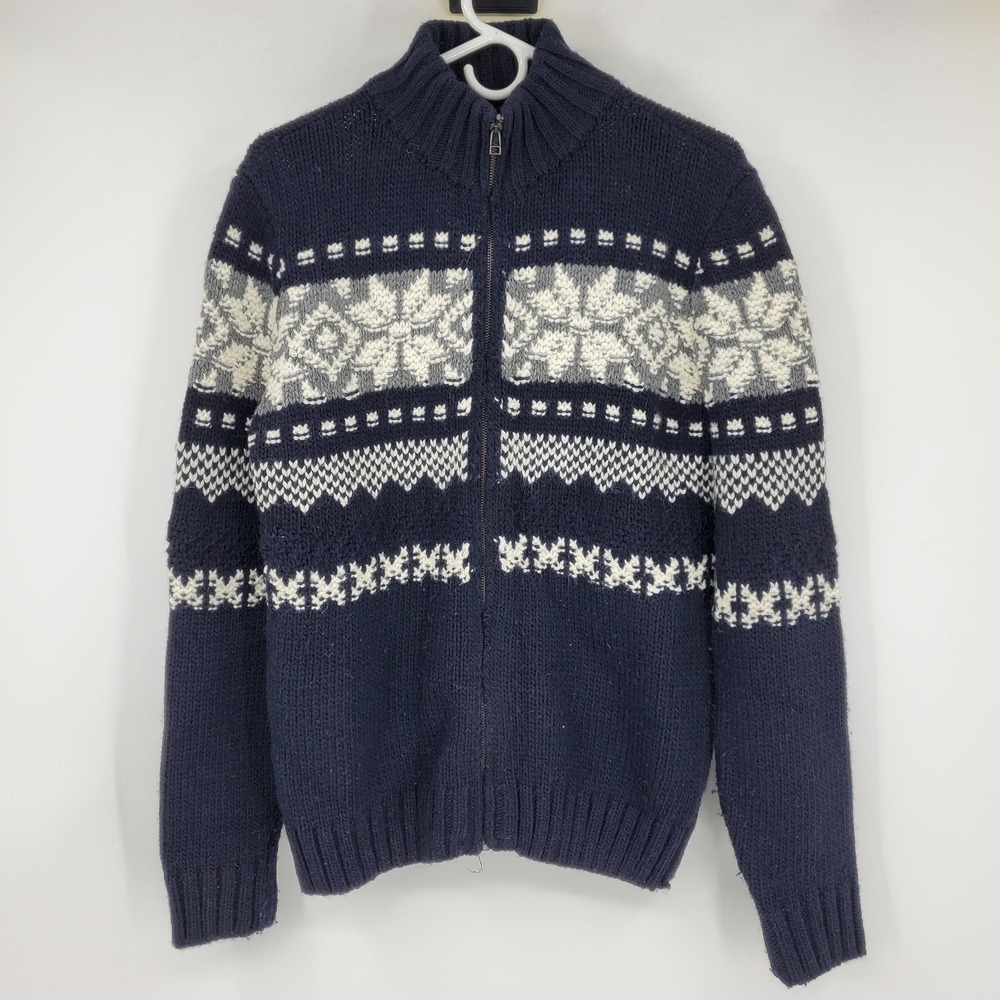 Paolo Mondo Navy Blue Fair Isle Snowflake Full‎ Zip Knit Sweater Made in Italy S
